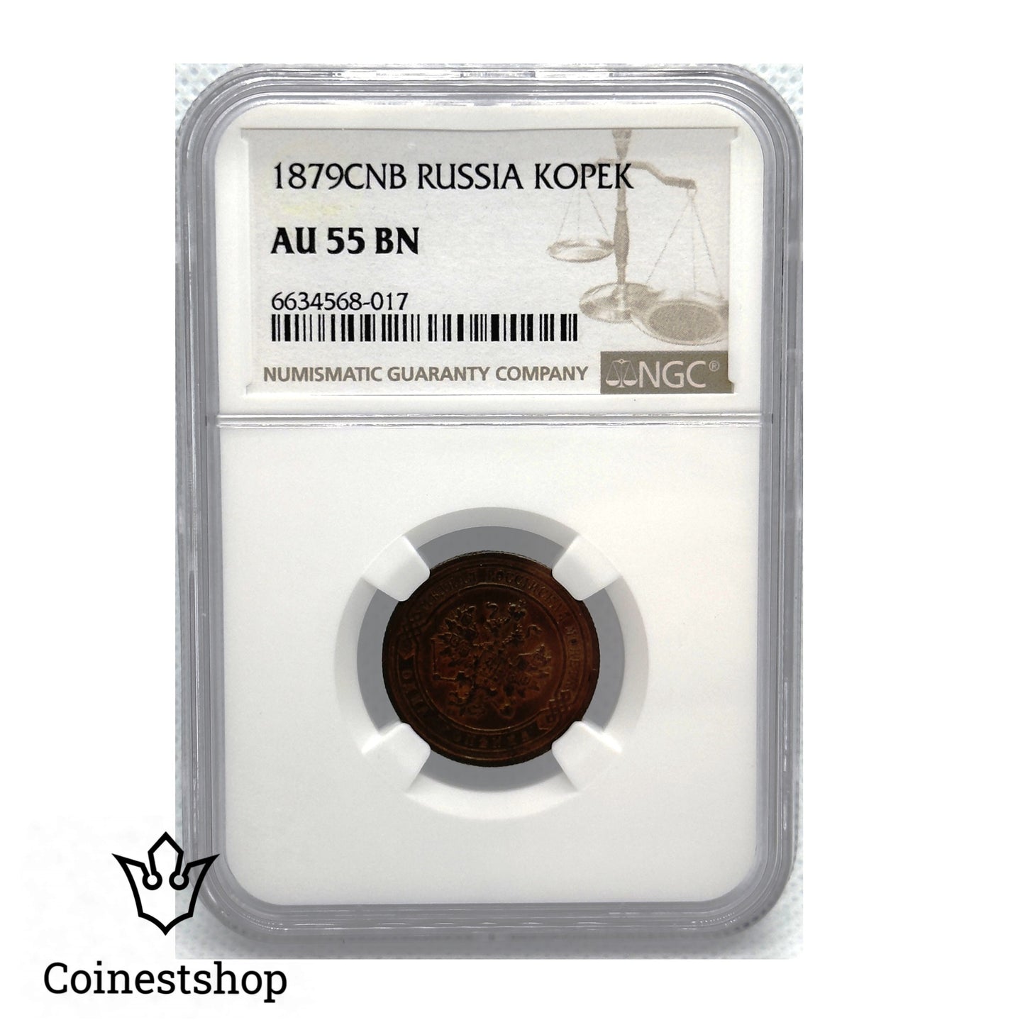 1879 CNB Russia NGC 1 Kopeck AU 55 BN Copper Coin Tsar Alexander II